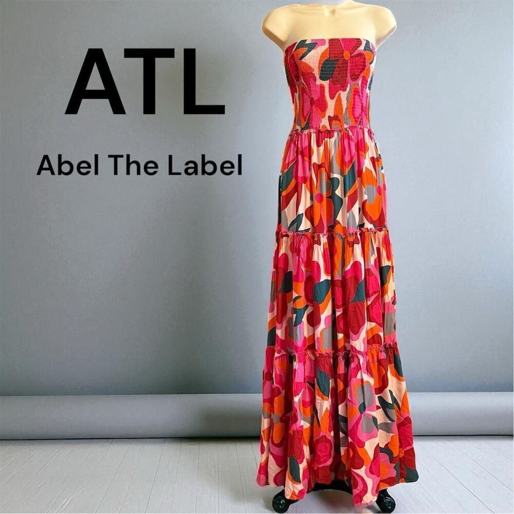 Abel The Label Vibrant Pink Floral Smocked Strapless Tiered Maxi Dress